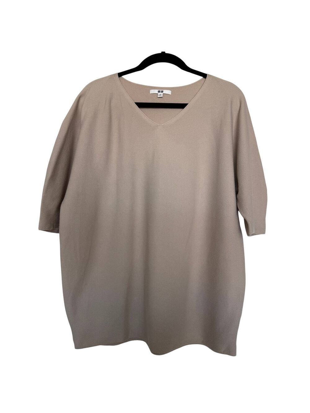 Uniqlo XL Beige 100% Cotton V-Neck Short Sleeve Oversized Pullover Knit Sweater